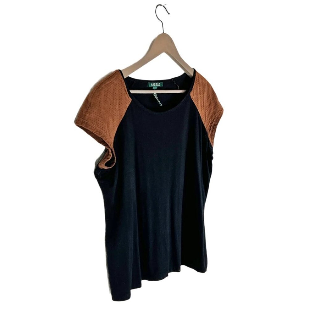 Lauren Black Tee with Faux Leather Shoulder Detail - Size Large